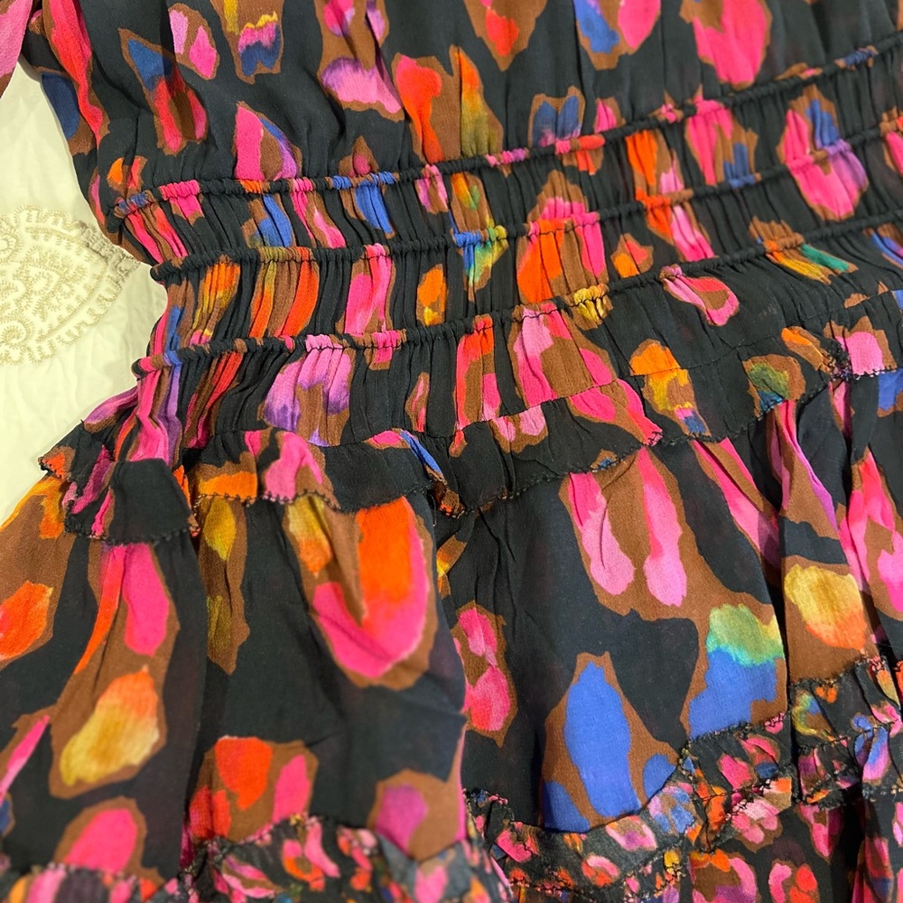 Farm Rio Iridescent Leopard Print Mini Dress With Ruffled DetailsLong SleevesNWT - Picture 5 of 10